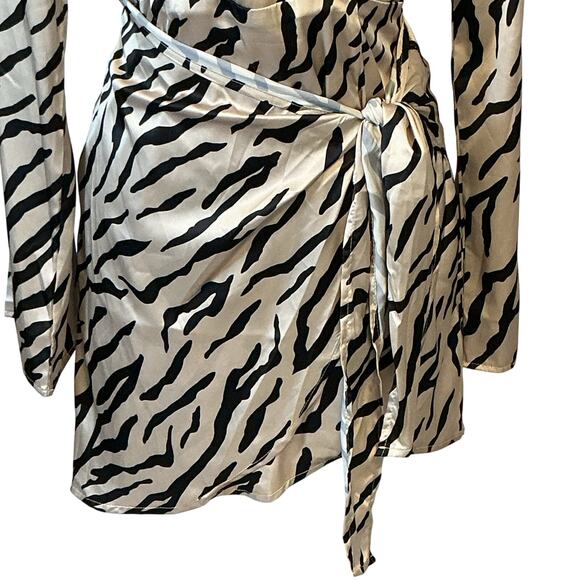 VICI Zebra Print Satin Mini Dress Faux Wrap Tie Front Long Bell Sleeve Medium - Picture 5 of 13